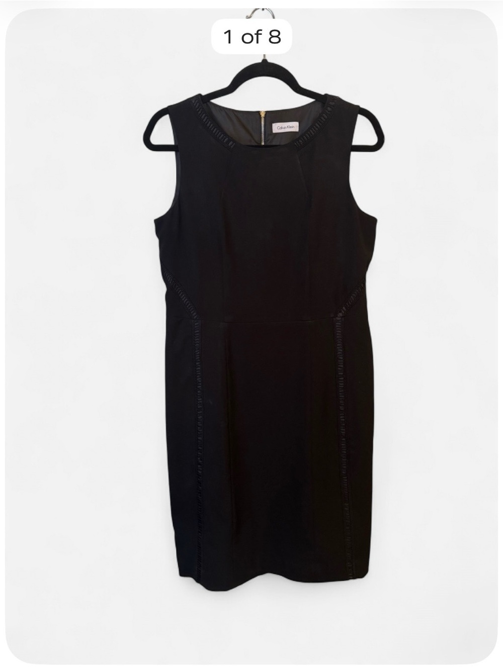 Calvin Klein Black Sheath Dress Est Size 12 Gold Zip Fully Lined Career Cocktail